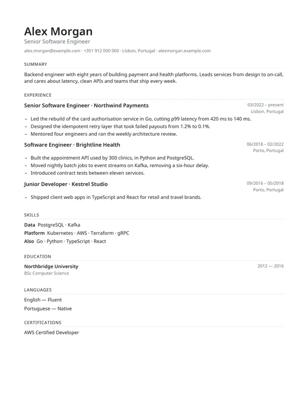 A sample CV set in the Minimalist style