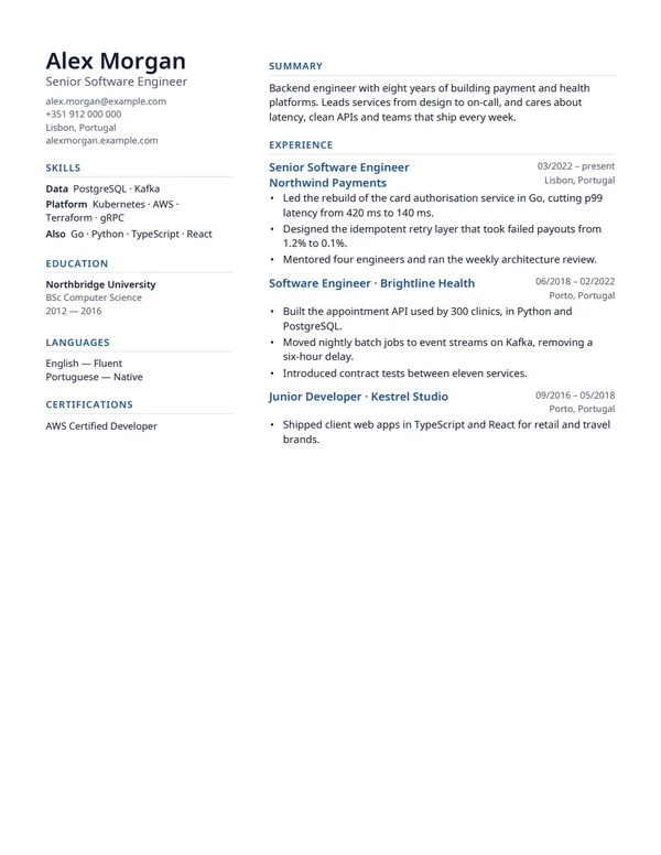 A sample CV set in the Modern style