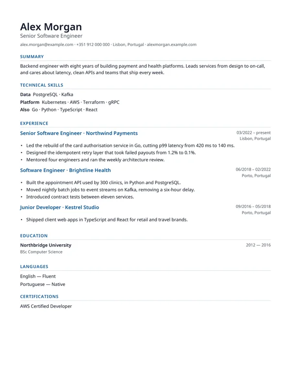 A sample CV set in the Technical style